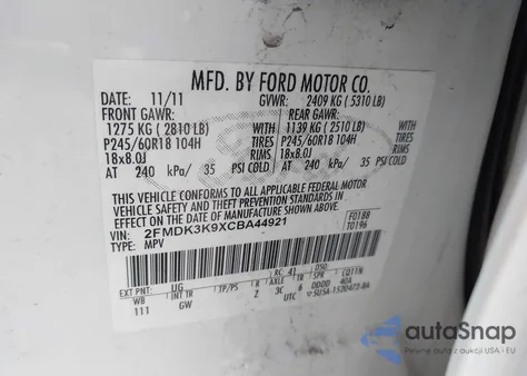 2012 Ford Edge Limited из США, поврежденный, VIN 2FMDK3K9XCBA44921